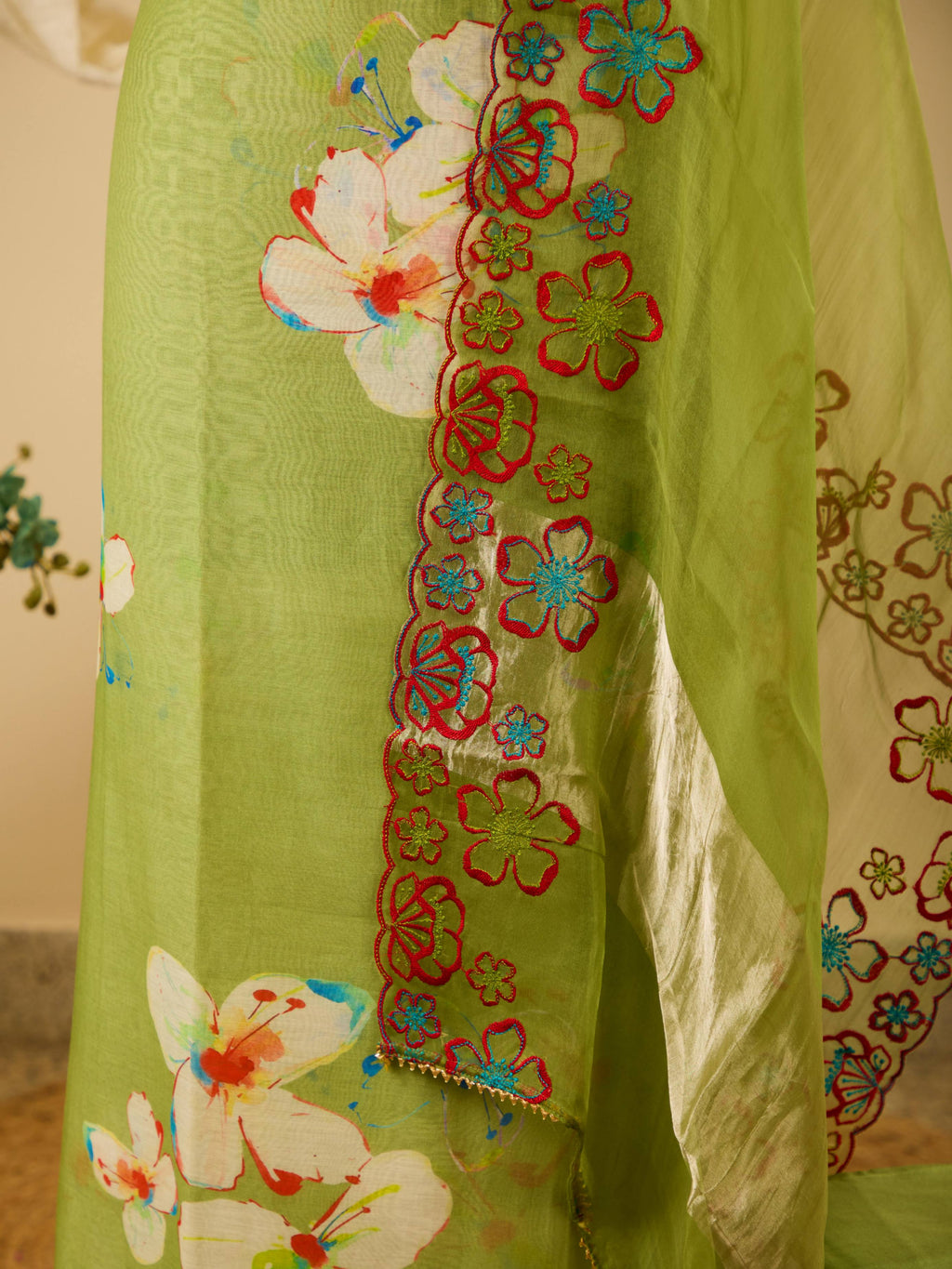 Varanasi Weave Digital Print Chanderi Top with Santoon Bottom & Organza Dupatta with Beautiful Thread Scalloping Embroidery