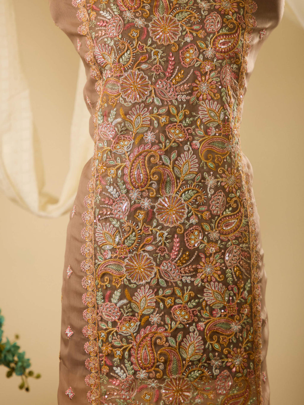 Viscose Chiffon Top with Beautiful Thread & Sequence Work, Paired with Plain Bottom & Chiffon Embroidery Dupatta