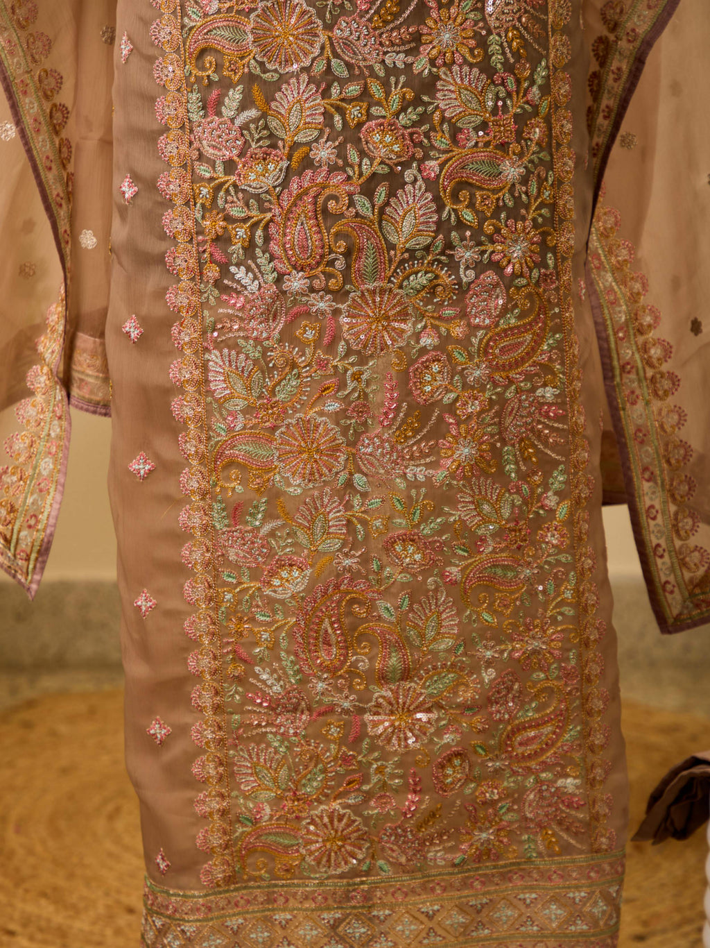 Viscose Chiffon Top with Beautiful Thread & Sequence Work, Paired with Plain Bottom & Chiffon Embroidery Dupatta
