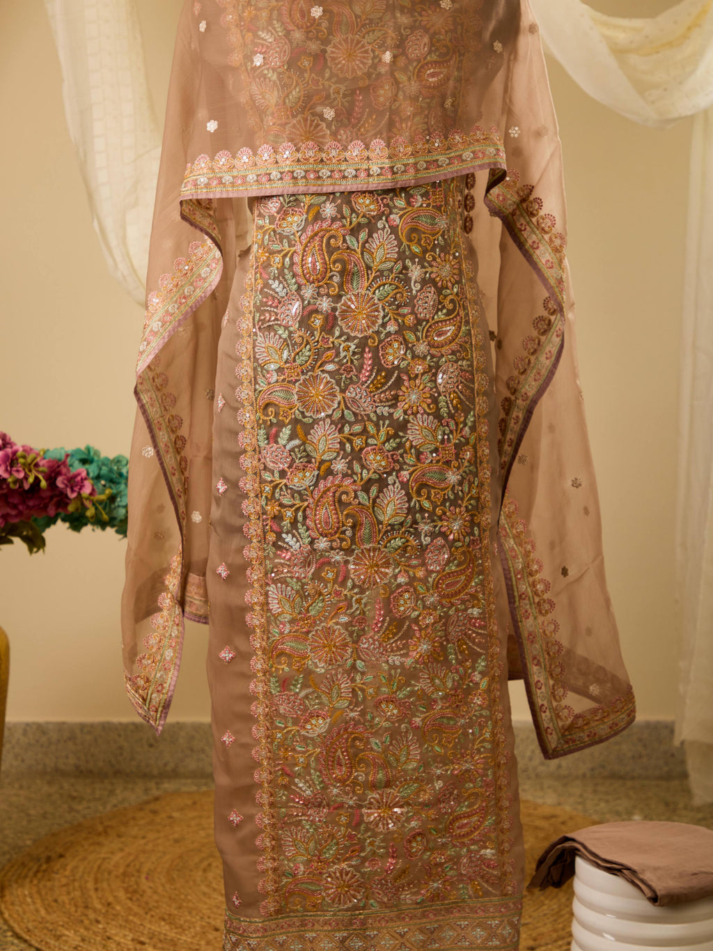 Viscose Chiffon Top with Beautiful Thread & Sequence Work, Paired with Plain Bottom & Chiffon Embroidery Dupatta