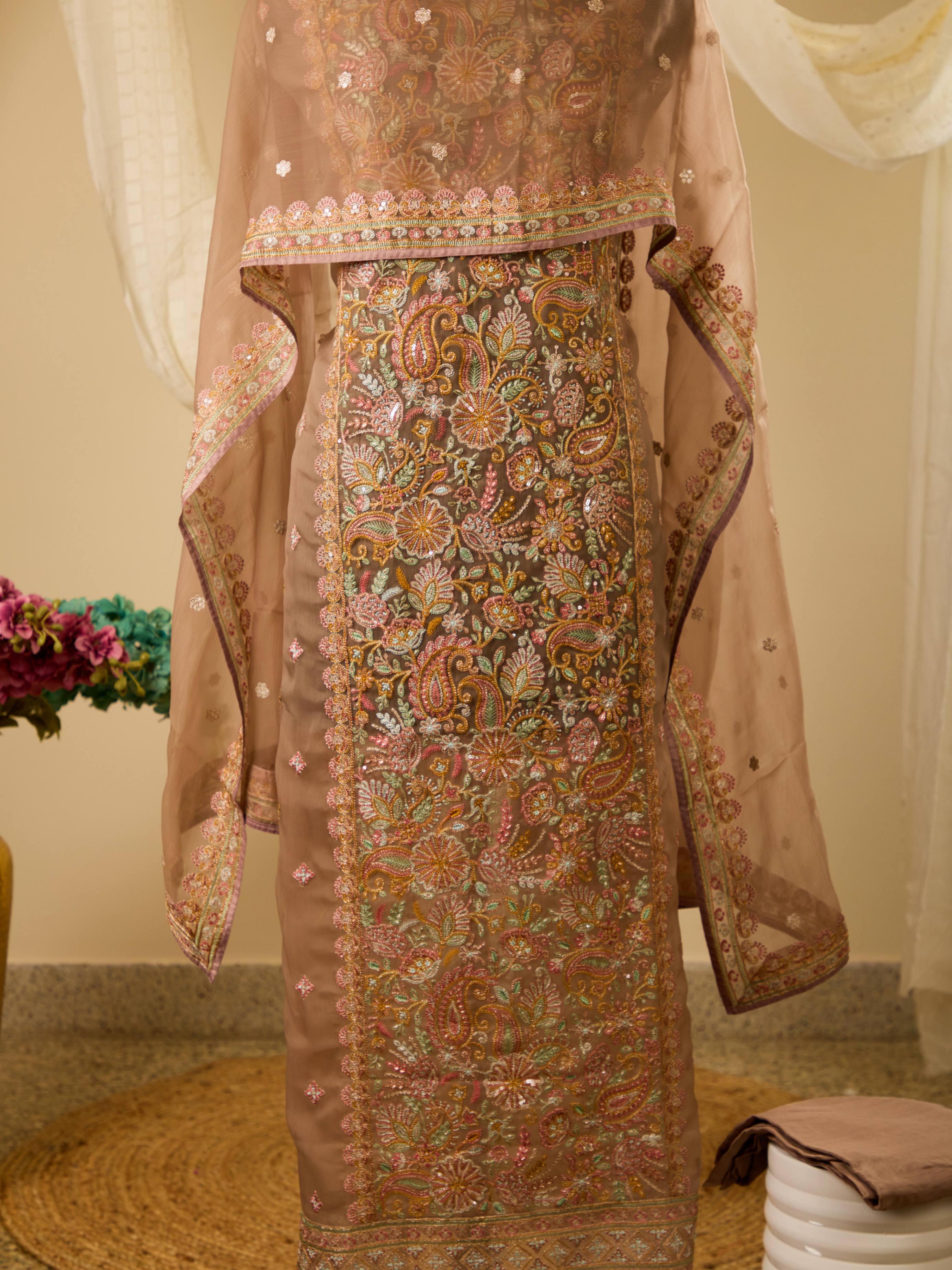 Viscose Chiffon Top with Beautiful Thread & Sequence Work, Paired with Plain Bottom & Chiffon Embroidery Dupatta