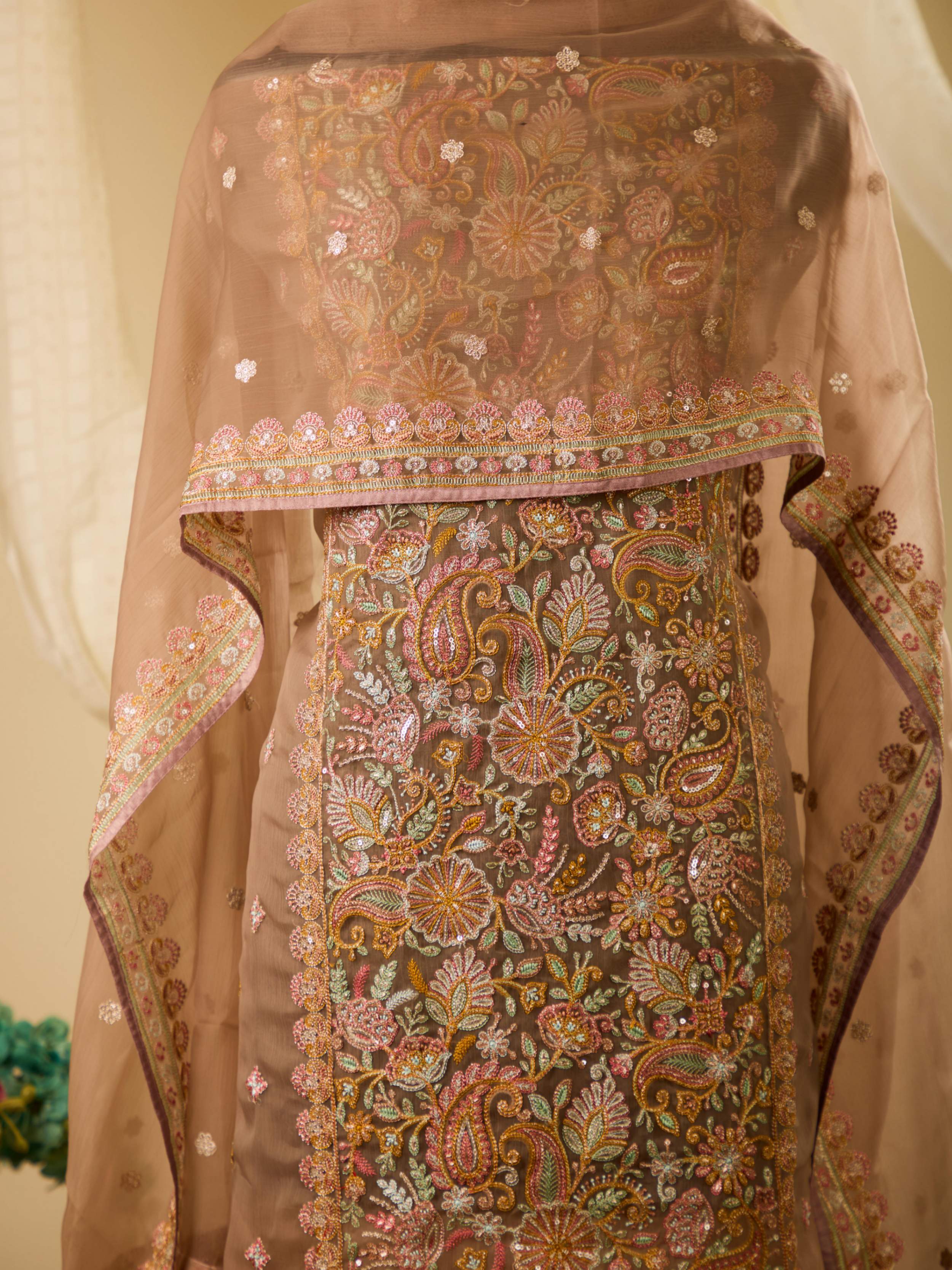 Viscose Chiffon Top with Beautiful Thread & Sequence Work, Paired with Plain Bottom & Chiffon Embroidery Dupatta